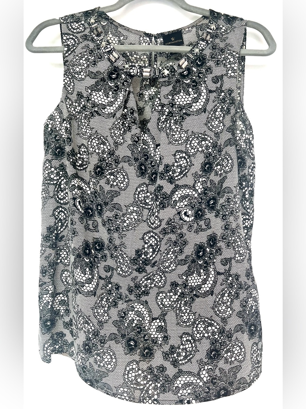 Worthington Black White Paisley Sleeveless Blouse Jeweled Neck Size M